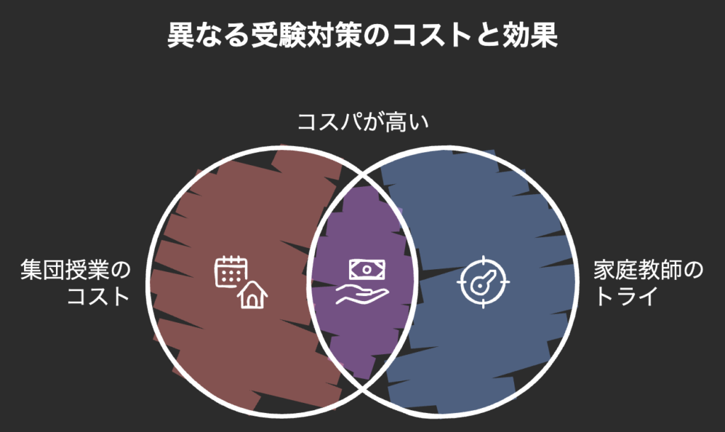 異なる受験対策のコストと効果の図解