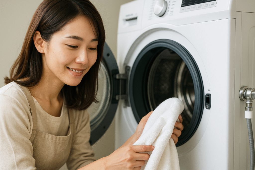 ドラム式洗濯機からタオルを取り出すエプロン姿のママ