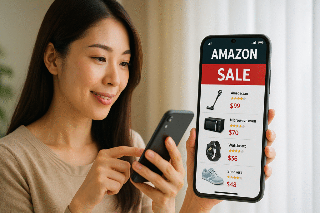 amazonのセールで商品を選んでいるママ