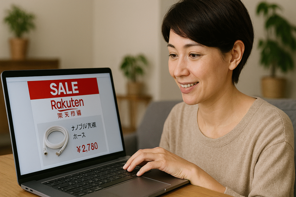楽天お買い物マラソンでナノバブル洗濯ホースを検索するママ