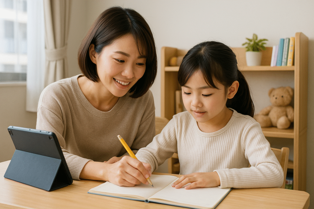 子供の勉強を学習机で教えている家族