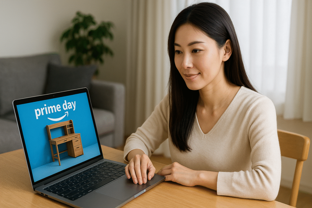 primedayで学習机を見ているママ